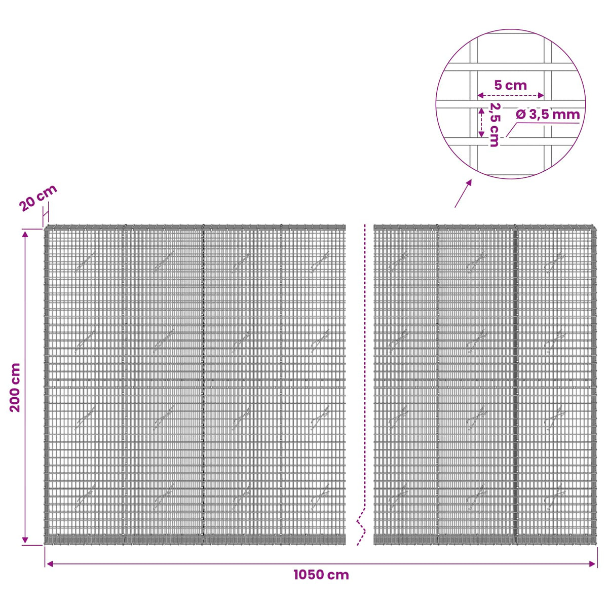 Γκαμπιόν με σύρμα 3,5 χλστ και πλέγμα 5x2,5 εκ 1050x20x200 εκ - Pakobazaar