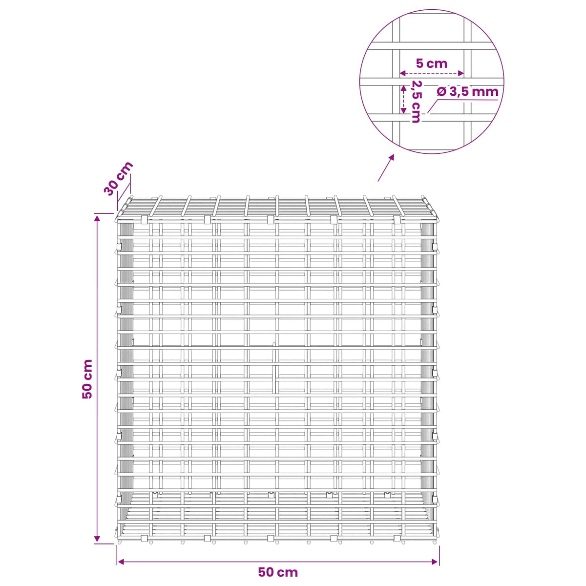 Γκαμπιόν με σύρμα 3,5 χλστ και πλέγμα 5x2,5 εκ 50x30x50 εκ.