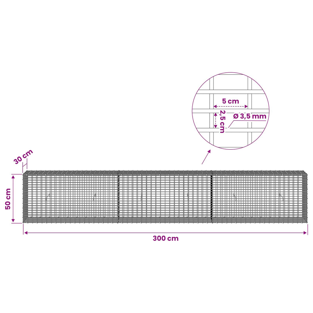Γκαμπιόν με σύρμα 3,5 χλστ και πλέγμα 5x2,5 εκ 300x30x50 εκ - Pakobazaar