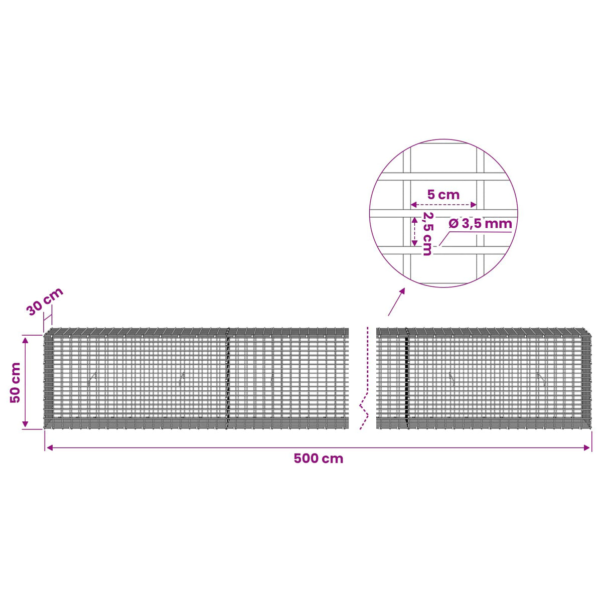 Γκαμπιόν με σύρμα 3,5 χλστ και πλέγμα 5x2,5 εκ 500x30x50 εκ - Pakobazaar
