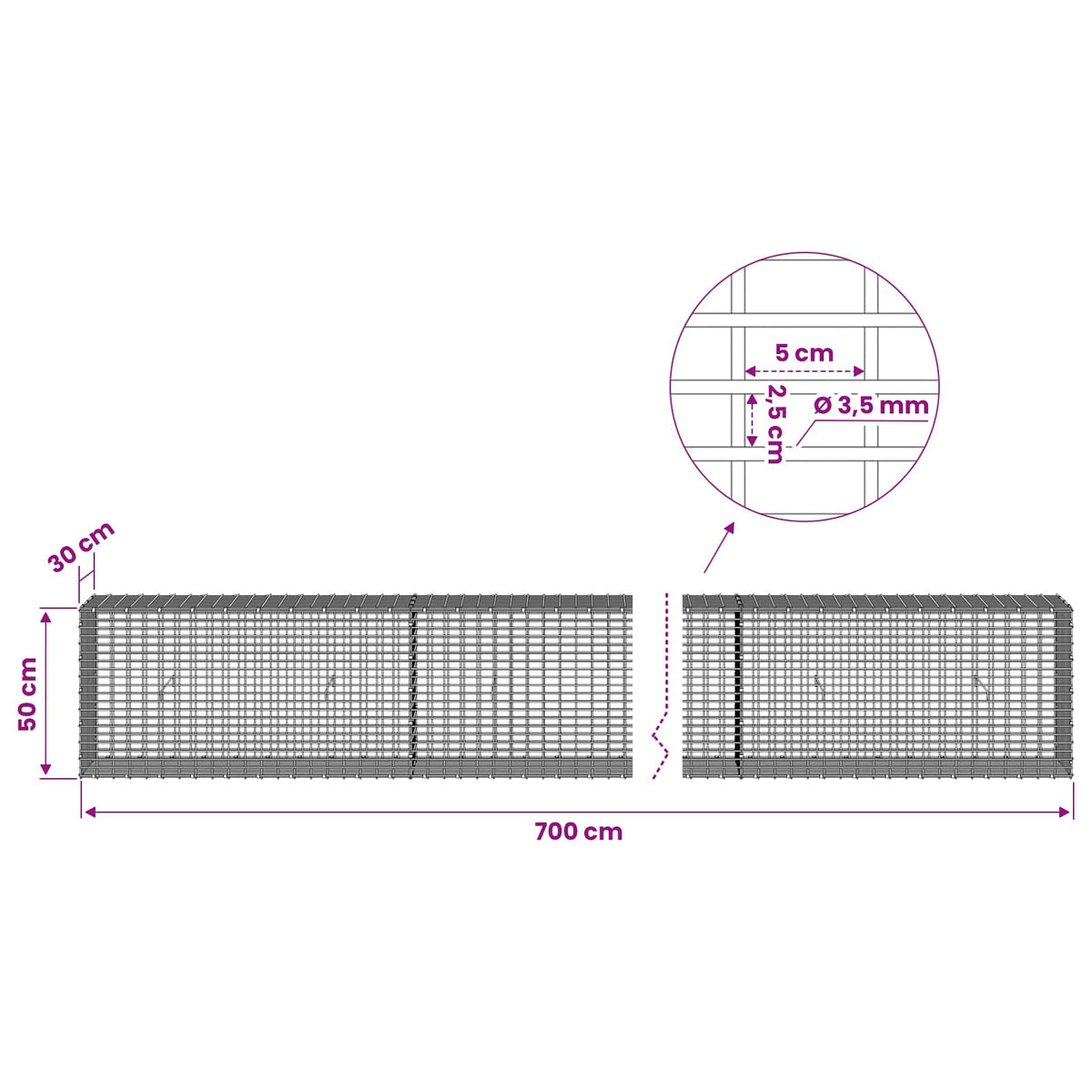 Γκαμπιόν με σύρμα 3,5 χλστ και πλέγμα 5x2,5 εκ 700x30x50 εκ.