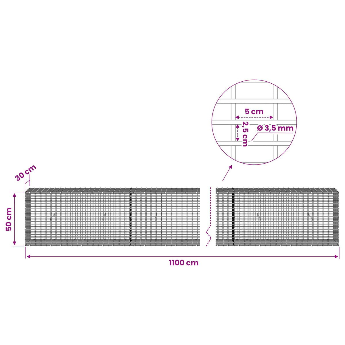 Γκαμπιόν με σύρμα 3,5 χλστ και πλέγμα 5x2,5 εκ 1100x30x50 εκ - Pakobazaar