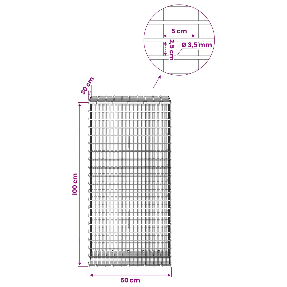 Γκαμπιόν με σύρμα 3,5 χλστ και πλέγμα 5x2,5 εκ 50x30x100 εκ - Pakobazaar