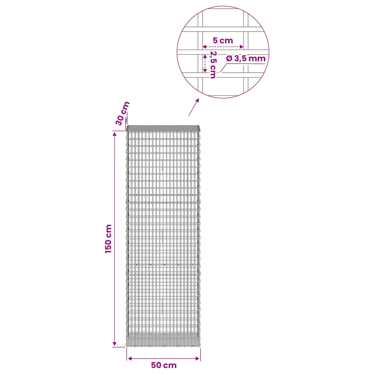 Γκαμπιόν με σύρμα 3,5 χλστ και πλέγμα 5x2,5 εκ 50x30x150 εκ - Pakobazaar