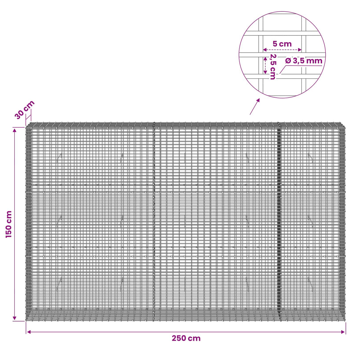 Γκαμπιόν με σύρμα 3,5 χλστ και πλέγμα 5x2,5 εκ 250x30x150 εκ - Pakobazaar