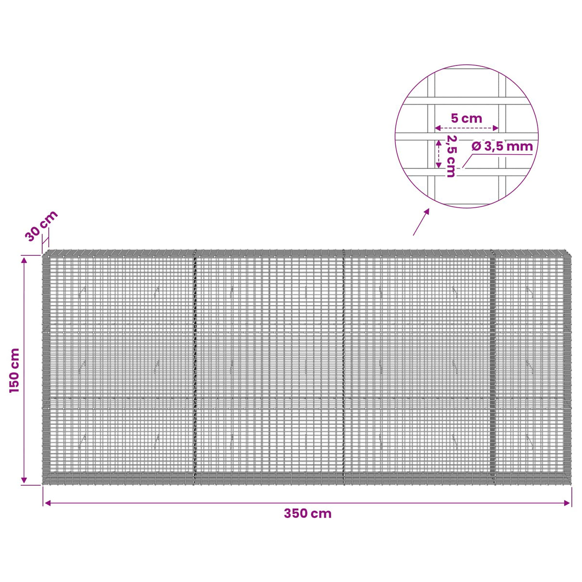 Γκαμπιόν με σύρμα 3,5 χλστ και πλέγμα 5x2,5 εκ 350x30x150 εκ.