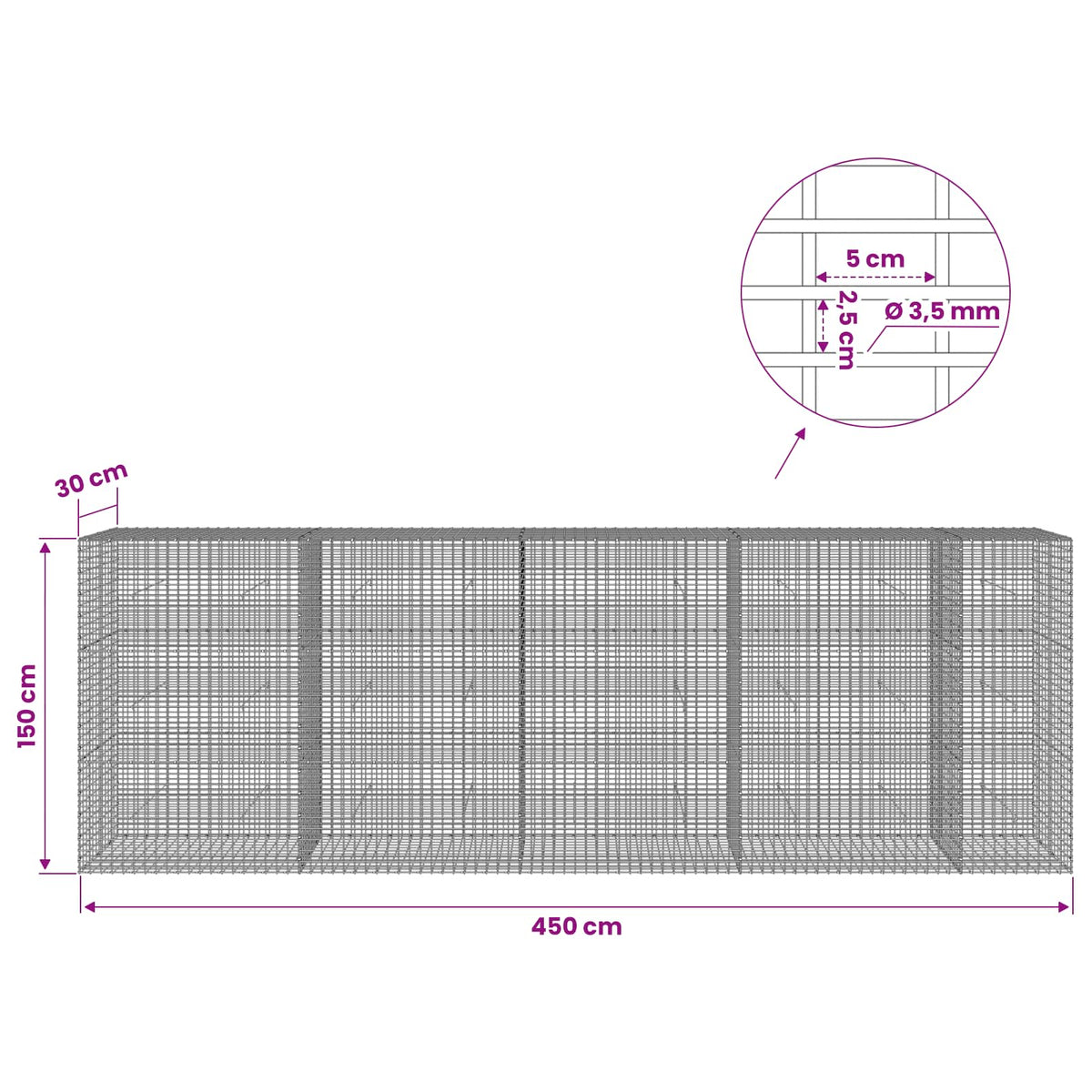 Γκαμπιόν με σύρμα 3,5 χλστ και πλέγμα 5x2,5 εκ 450x30x150 εκ