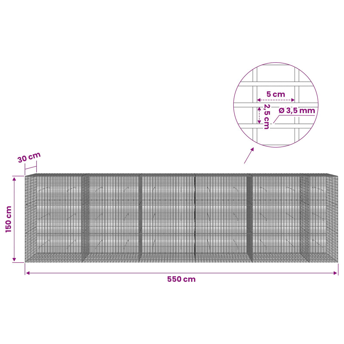 Γκαμπιόν με σύρμα 3,5 χλστ και πλέγμα 5x2,5 εκ 550x30x150 εκ - Pakobazaar