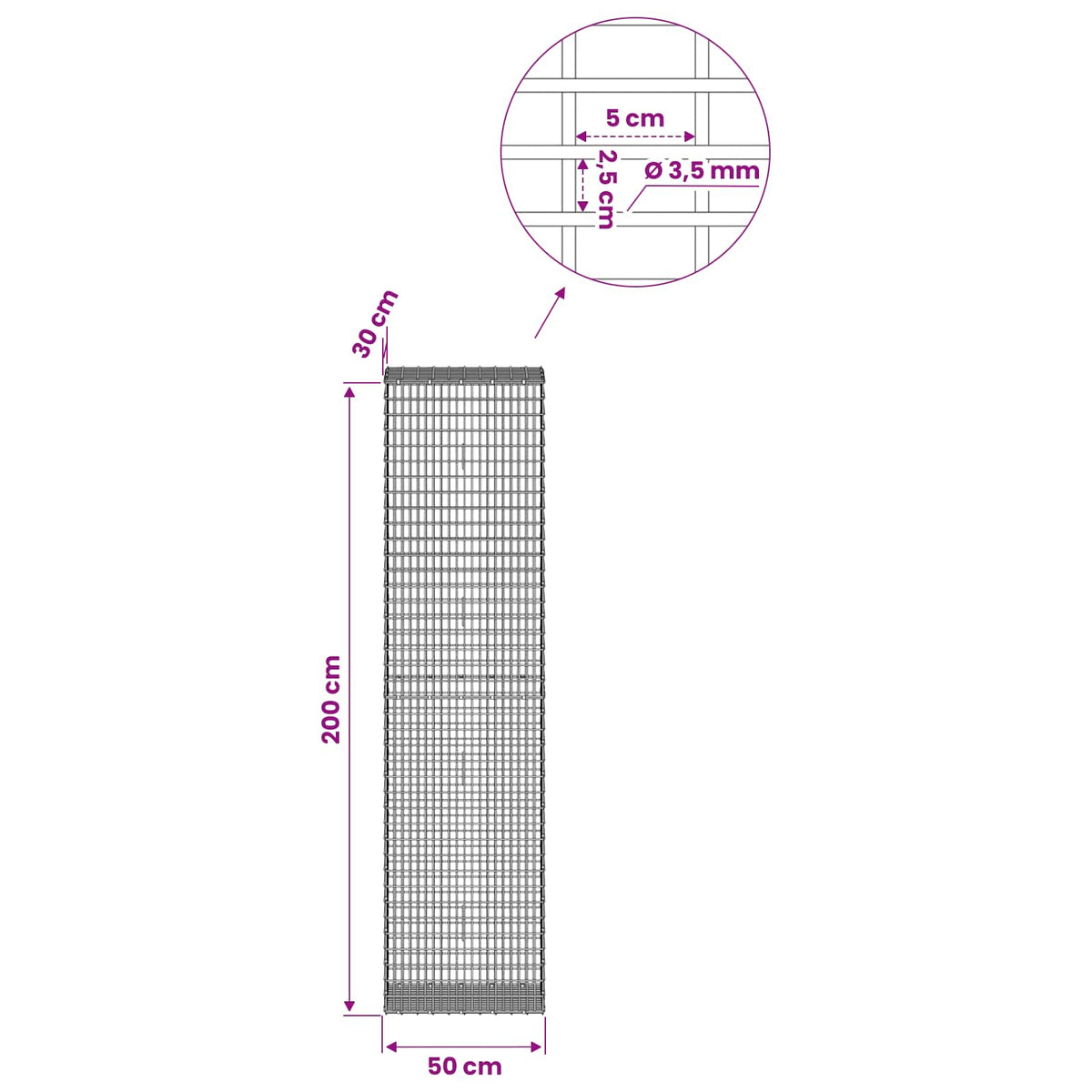 Γκαμπιόν με σύρμα 3,5 χλστ και πλέγμα 5x2,5 εκ 50x30x200 εκ