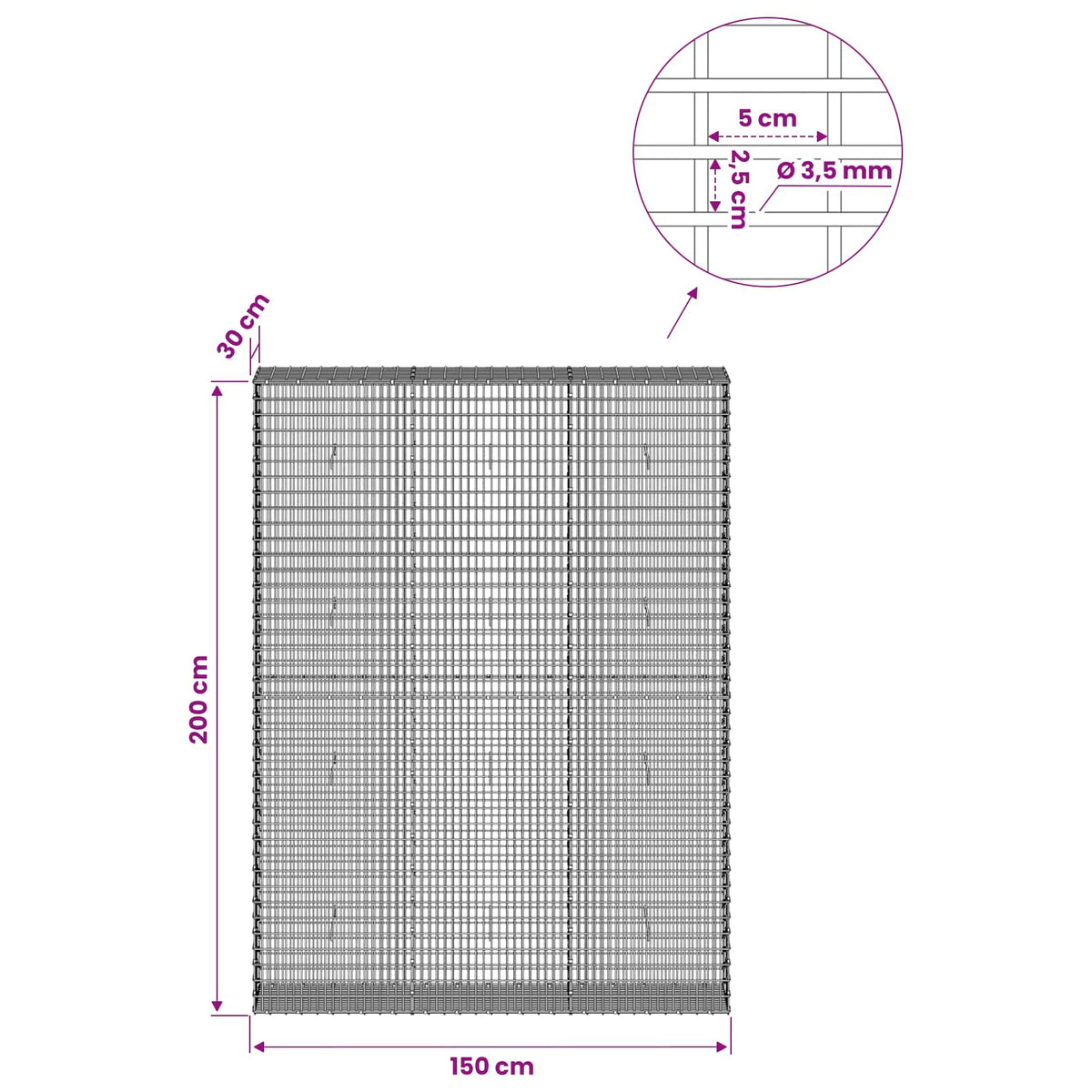 Γκαμπιόν με σύρμα 3,5 χλστ και πλέγμα 5x2,5 εκ 150x30x200 εκ - Pakobazaar