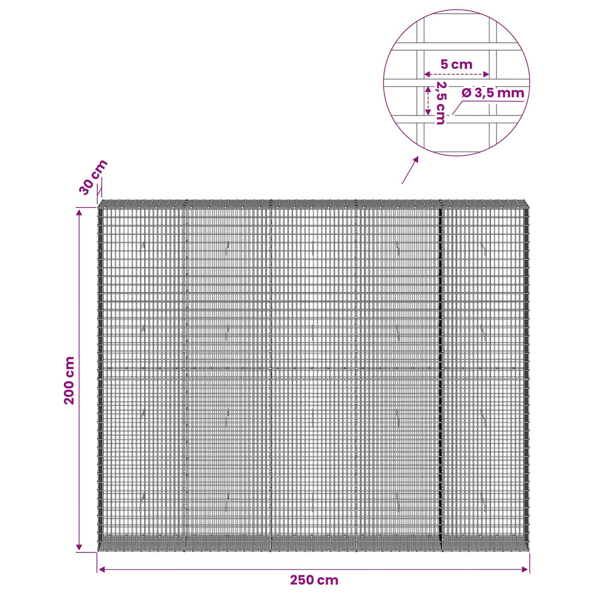 Γκαμπιόν με σύρμα 3,5 χλστ και πλέγμα 5x2,5 εκ 250x30x200 εκ. - Pakobazaar