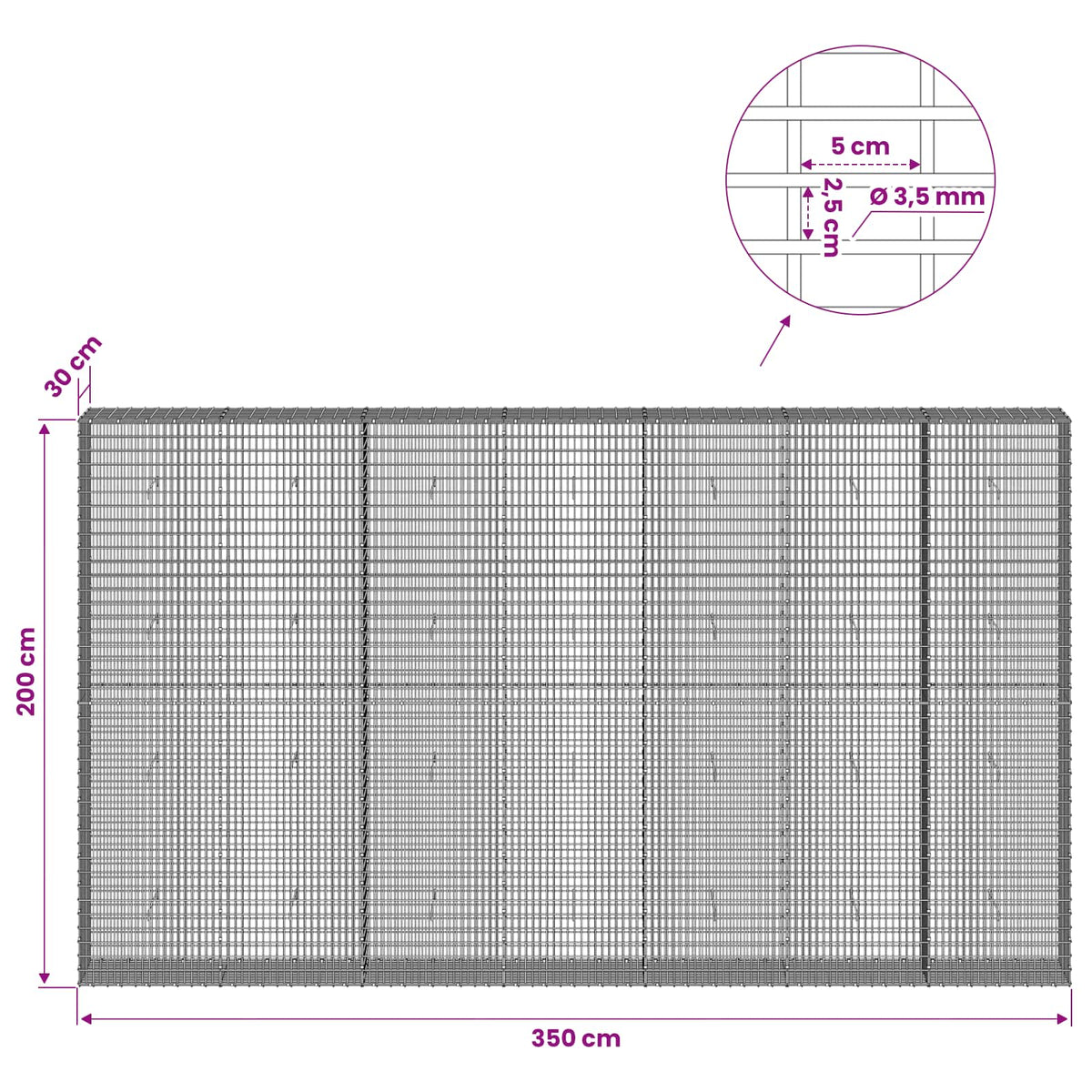 Γκαμπιόν με σύρμα 3,5 χλστ και πλέγμα 5x2,5 εκ 350x30x200 εκ - Pakobazaar