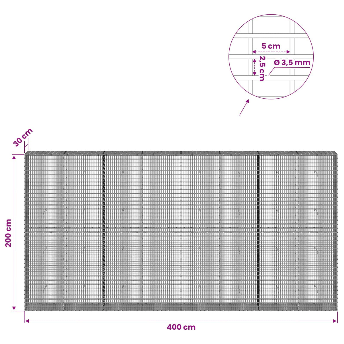 Γκαμπιόν με σύρμα 3,5 χλστ και πλέγμα 5x2,5 εκ 400x30x200 εκ - Pakobazaar