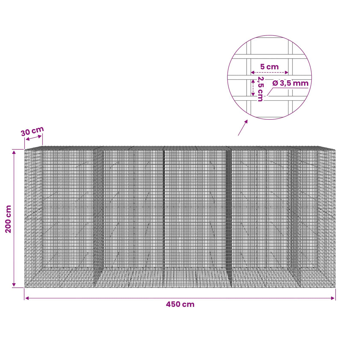 Γκαμπιόν με σύρμα 3,5 χλστ και πλέγμα 5x2,5 εκ 450x30x200 εκ - Pakobazaar
