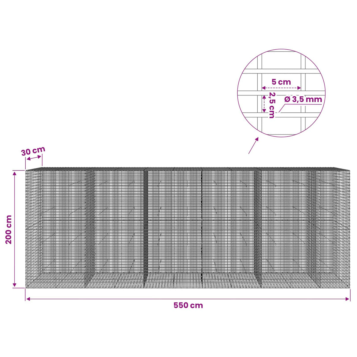 Γκαμπιόν με σύρμα 3,5 χλστ και πλέγμα 5x2,5 εκ 550x30x200 εκ - Pakobazaar