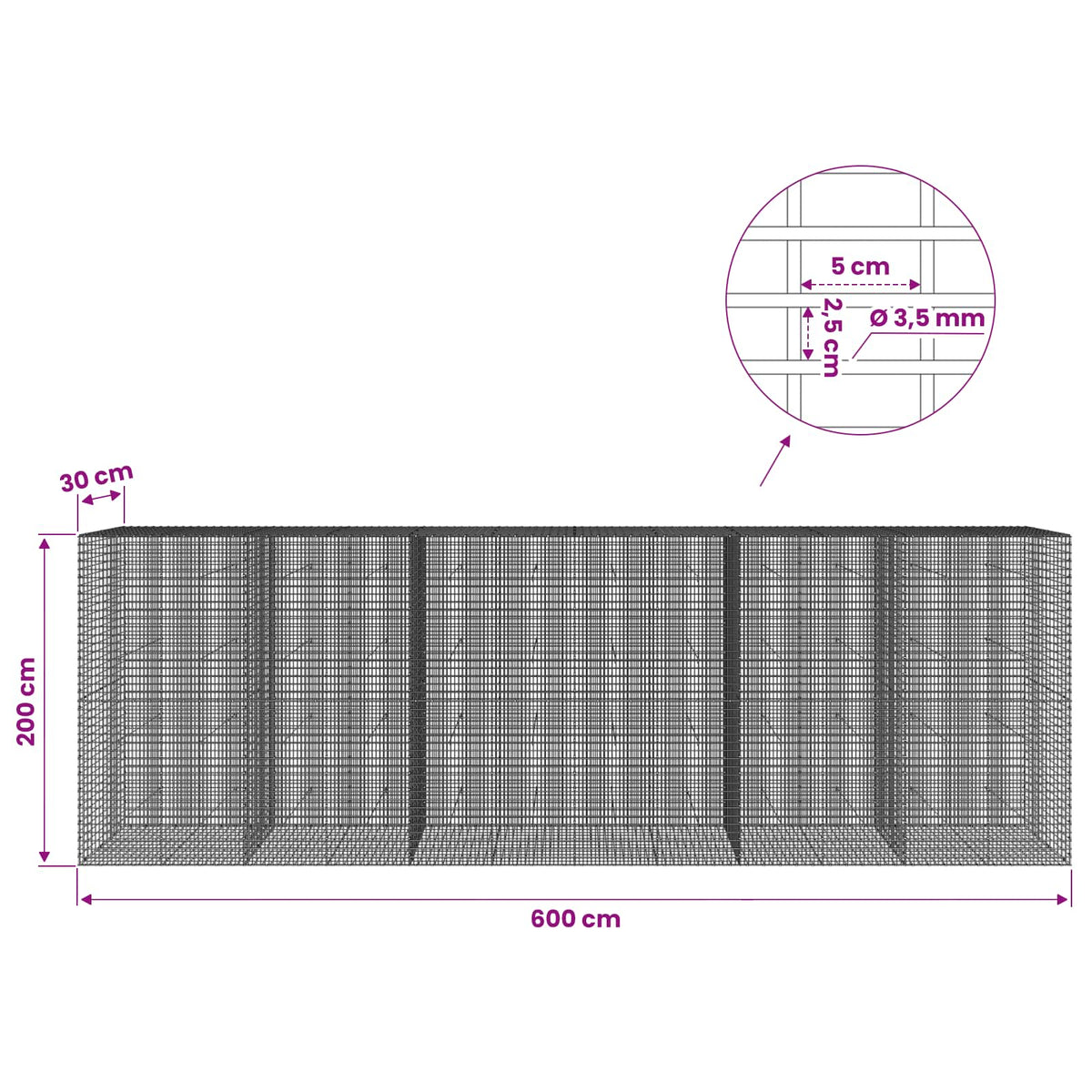 Γκαμπιόν με σύρμα 3,5 χλστ και πλέγμα 5x2,5 εκ 600x30x200 εκ