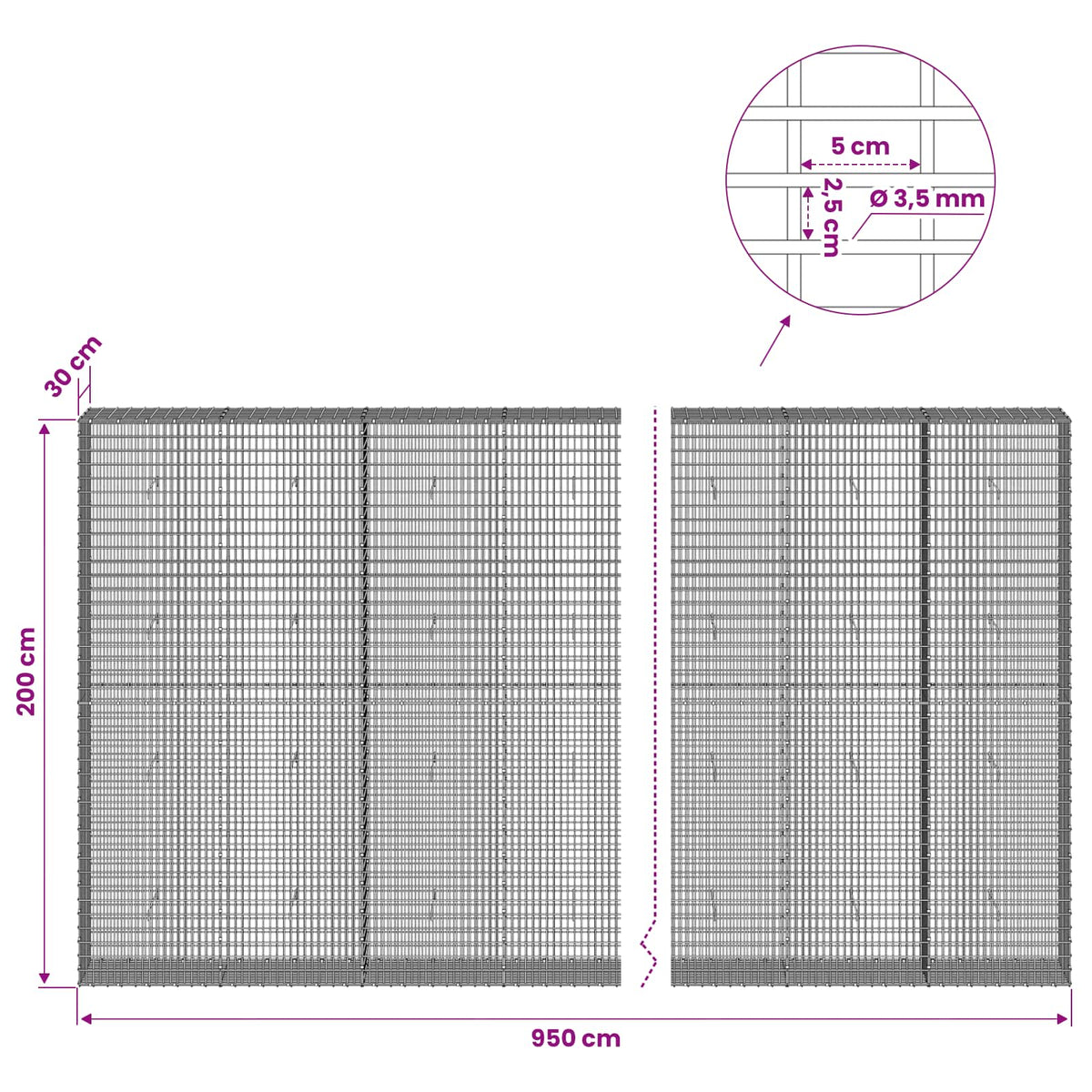 Γκαμπιόν με σύρμα 3,5 χλστ και πλέγμα 5x2,5 εκ 950x30x200 εκ - Pakobazaar