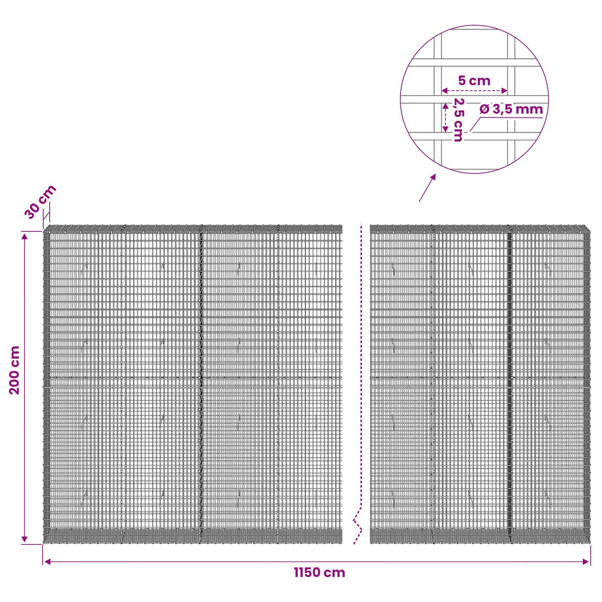 Γκαμπιόν με σύρμα 3,5 χλστ και πλέγμα 5x2,5 εκ 1150x30x200 εκ - Pakobazaar