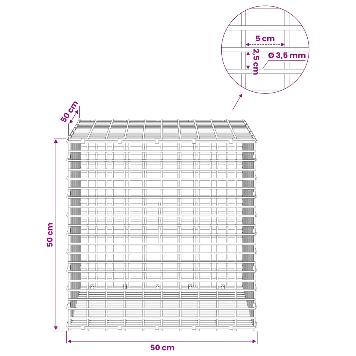 Γκαμπιόν με σύρμα 3,5 χλστ και πλέγμα 5x2,5 εκ 50x50x50 εκ. - Pakobazaar