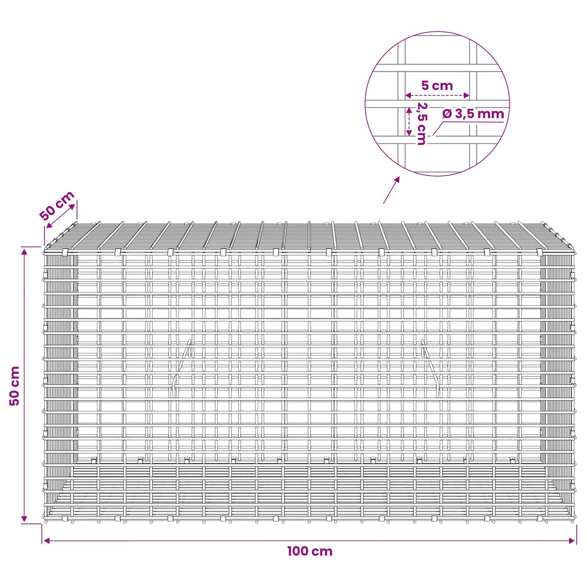 Γκαμπιόν με σύρμα 3,5 χλστ και πλέγμα 5x2,5 εκ 100x50x50 εκ - Pakobazaar