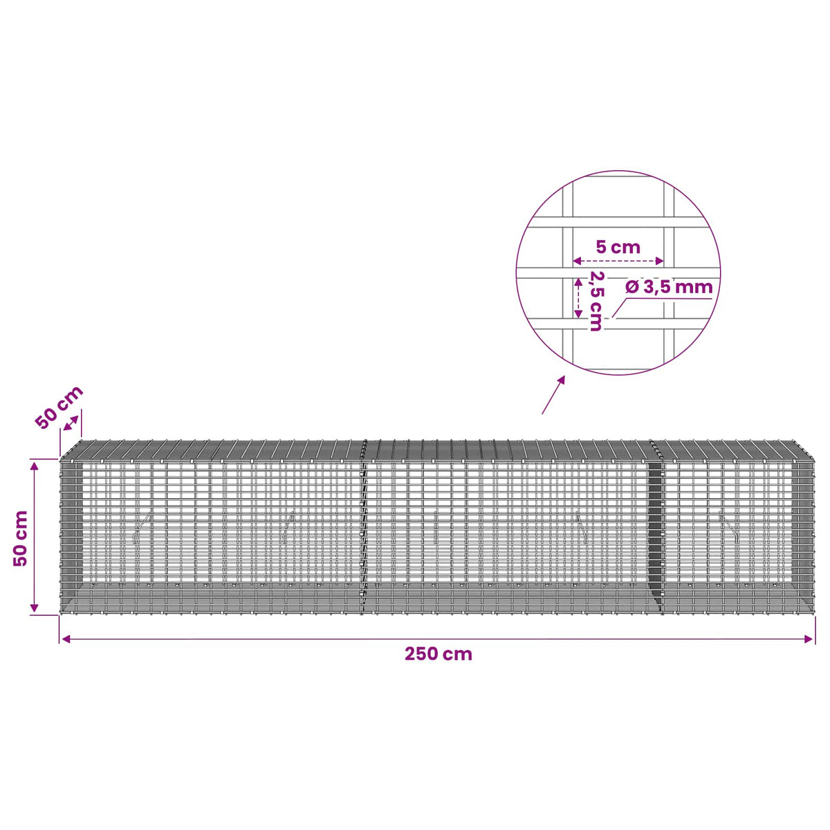 Γκαμπιόν με σύρμα 3,5 χλστ και πλέγμα 5x2,5 εκ 250x50x50 εκ - Pakobazaar