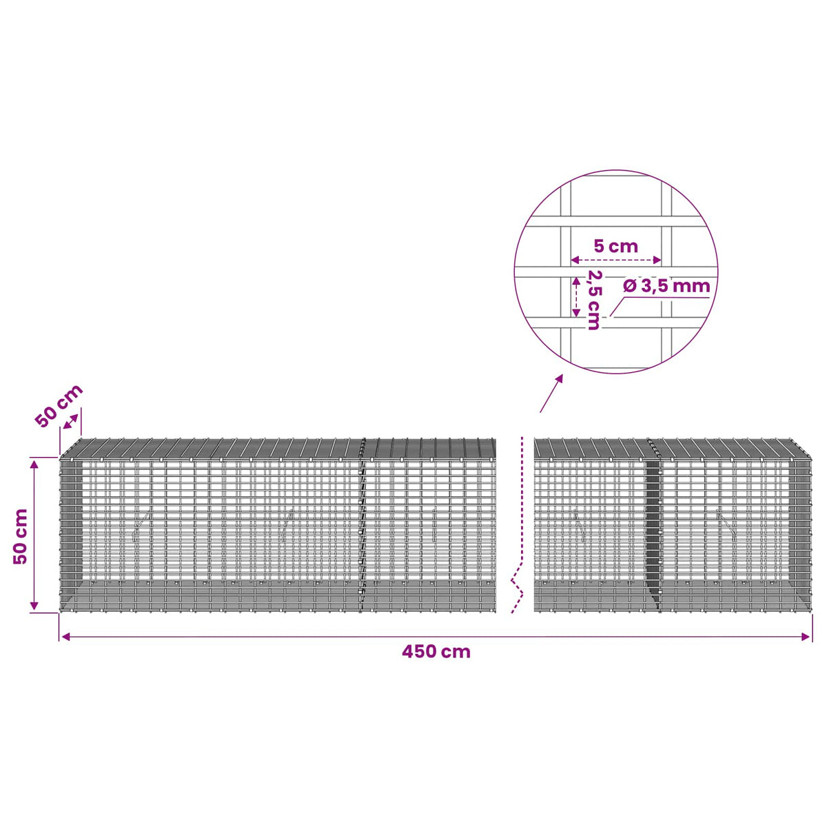 Γκαμπιόν με σύρμα 3,5 χλστ και πλέγμα 5x2,5 εκ 450x50x50 εκ - Pakobazaar