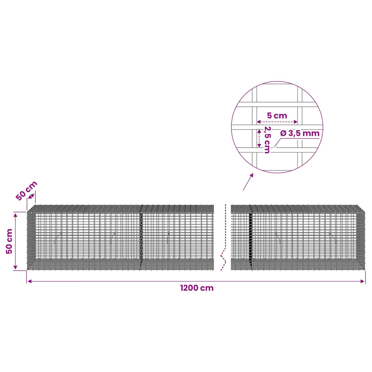 Γκαμπιόν με σύρμα 3,5 χλστ και πλέγμα 5x2,5 εκ 1200x50x50 εκ