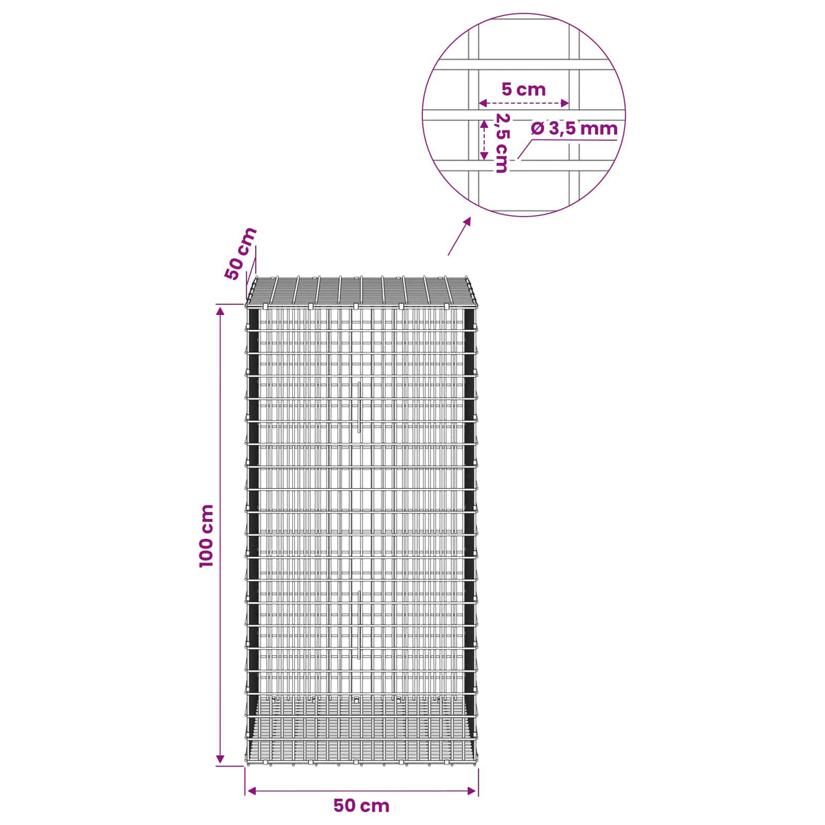 Γκαμπιόν με σύρμα 3,5 χλστ και πλέγμα 5x2,5 εκ 50x50x100 εκ - Pakobazaar