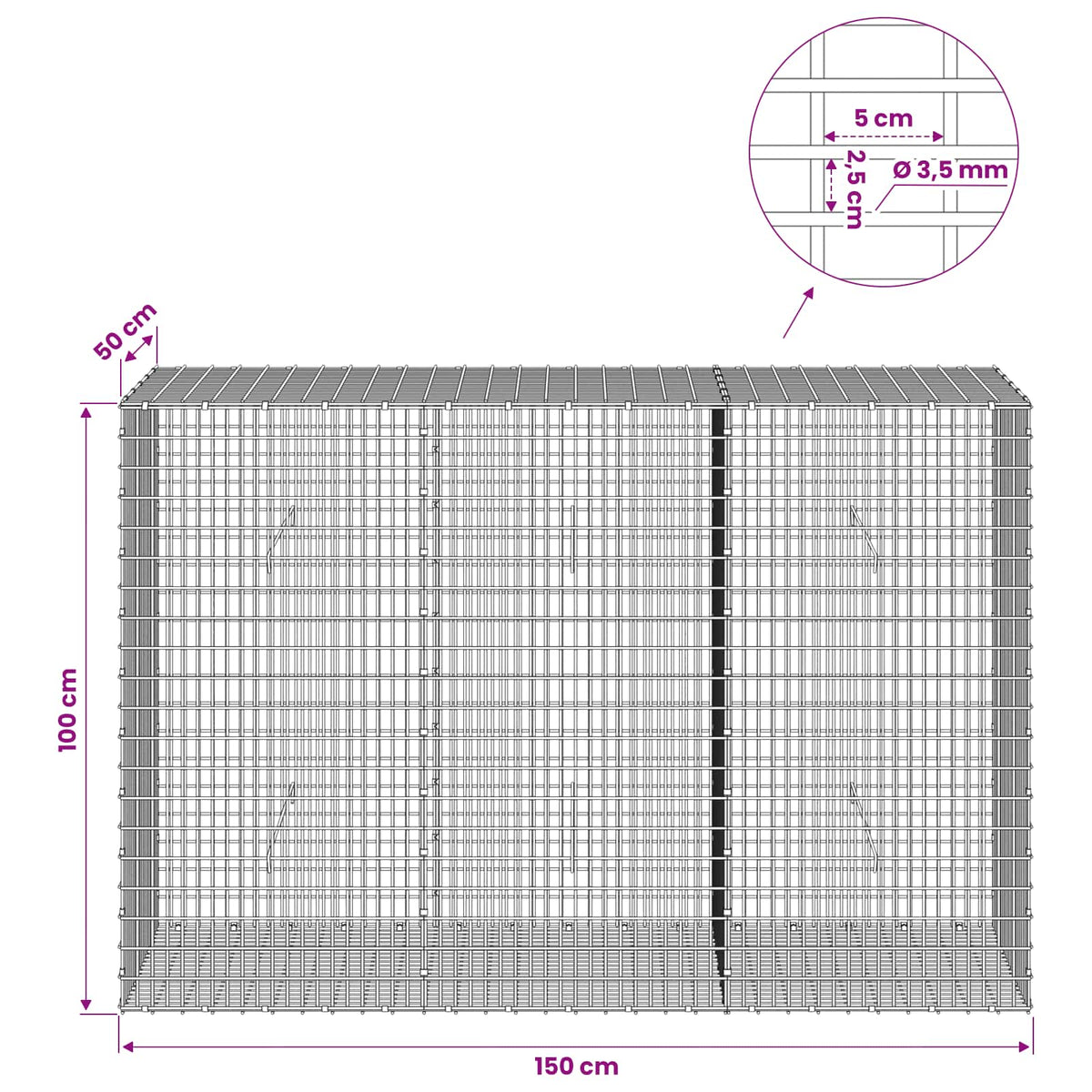 Γκαμπιόν με σύρμα 3,5 χλστ και πλέγμα 5x2,5 εκ 150x50x100 εκ. - Pakobazaar