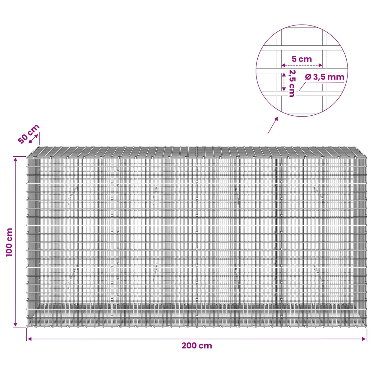 Γκαμπιόν με σύρμα 3,5 χλστ και πλέγμα 5x2,5 εκ 200x50x100 εκ - Pakobazaar