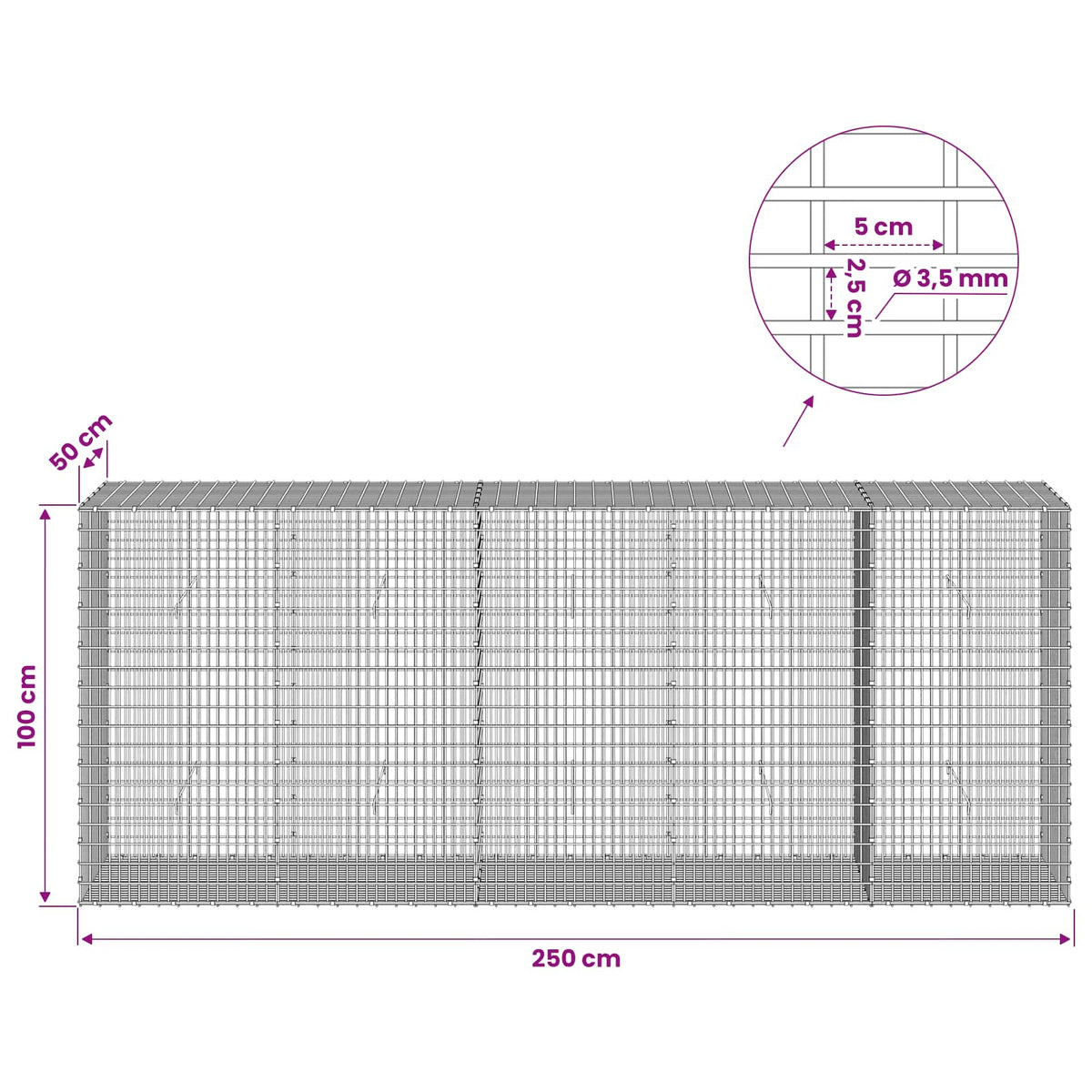 Γκαμπιόν με σύρμα 3,5 χλστ και πλέγμα 5x2,5 εκ 250x50x100 εκ - Pakobazaar