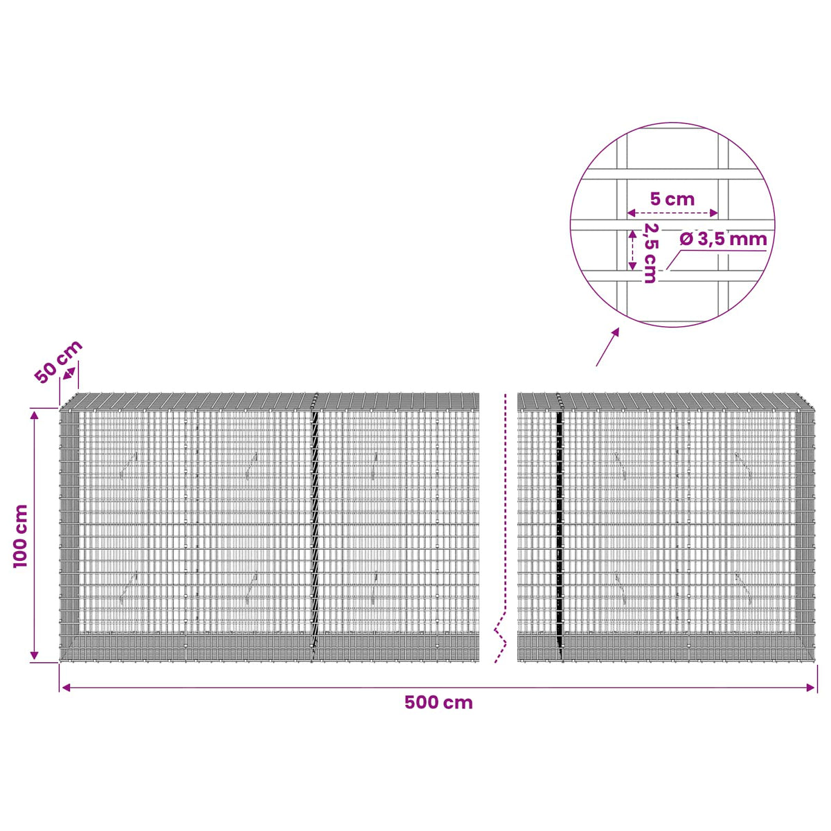 Γκαμπιόν με σύρμα 3,5 χλστ και πλέγμα 5x2,5 εκ 500x50x100 εκ