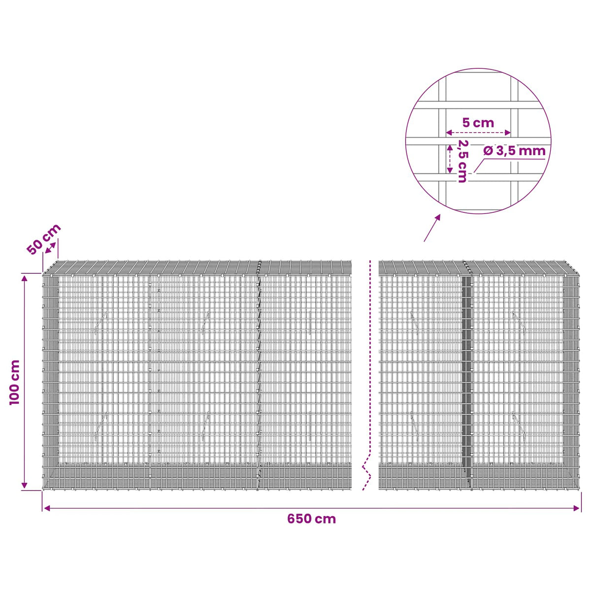 Γκαμπιόν με σύρμα 3,5 χλστ και πλέγμα 5x2,5 εκ 650x50x100 εκ