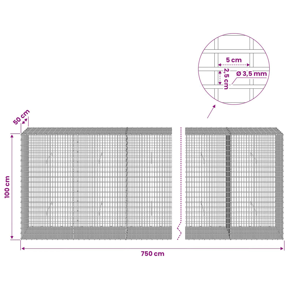 Γκαμπιόν με σύρμα 3,5 χλστ και πλέγμα 5x2,5 εκ 750x50x100 εκ - Pakobazaar