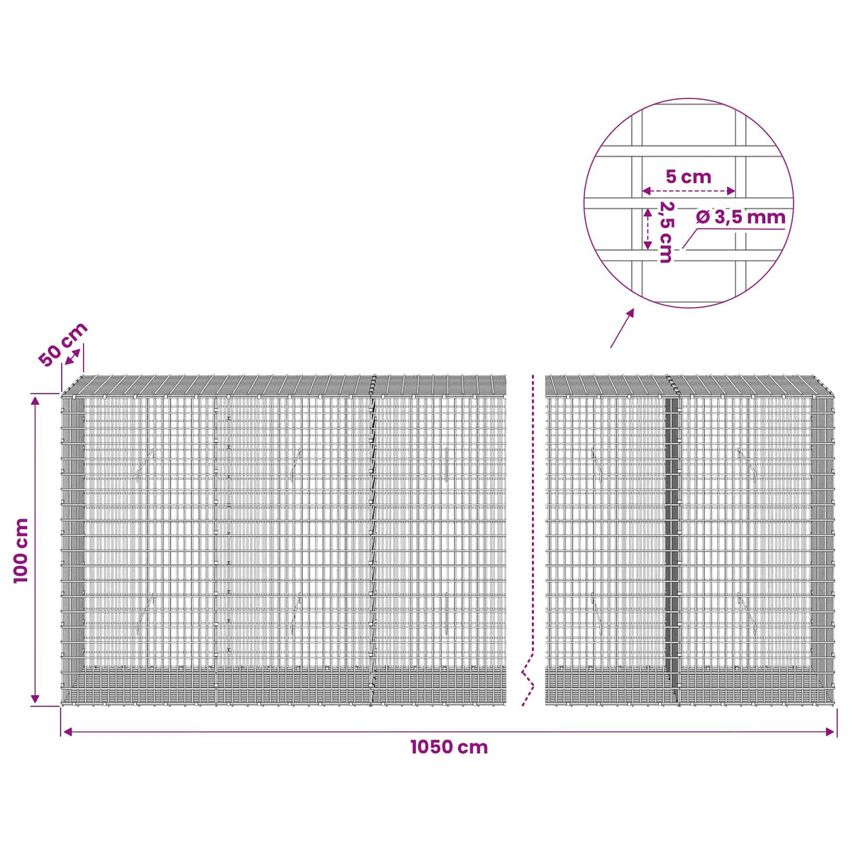 Γκαμπιόν με σύρμα 3,5 χλστ και πλέγμα 5x2,5 εκ 1050x50x100 εκ