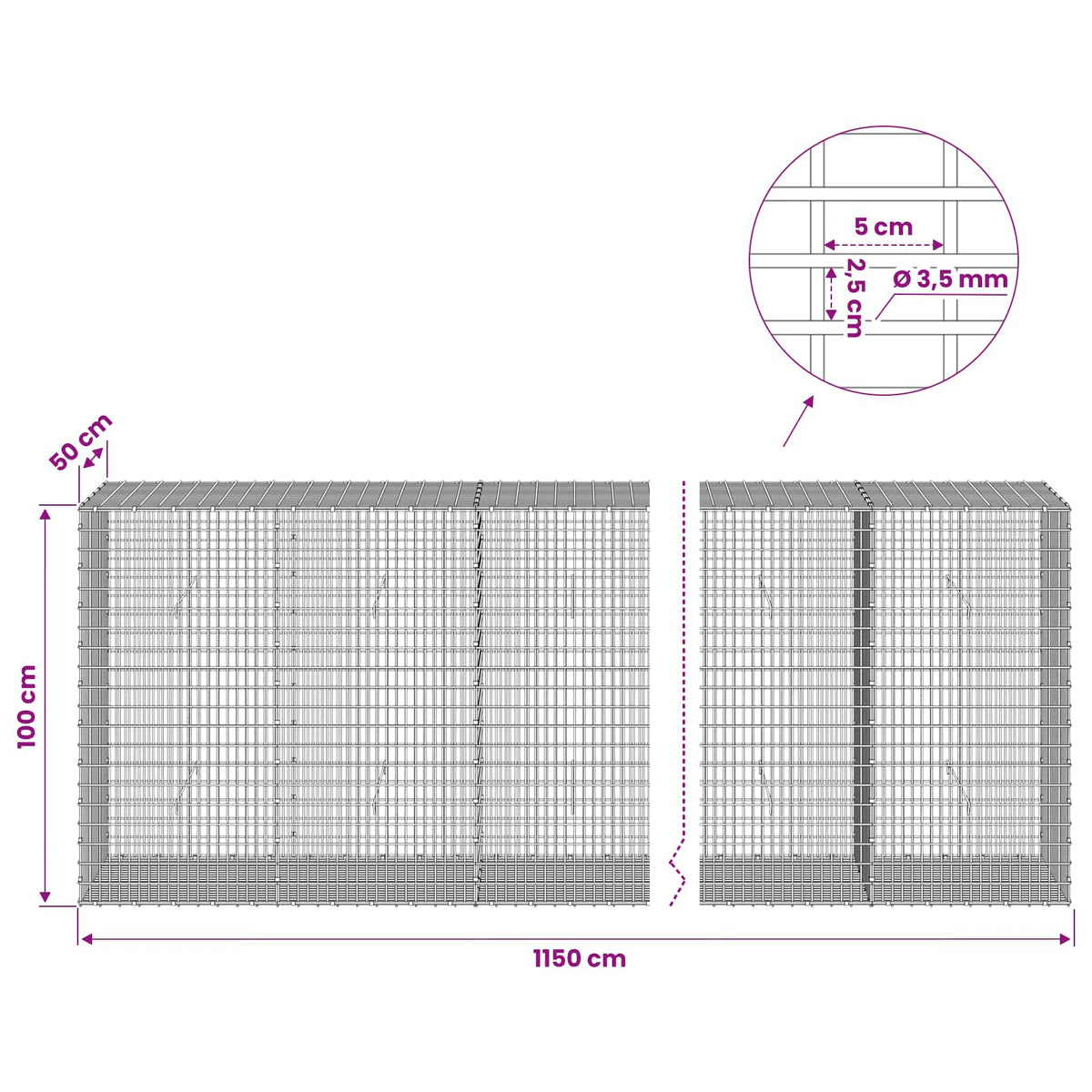 Γκαμπιόν με σύρμα 3,5 χλστ και πλέγμα 5x2,5 εκ 1150x50x100 εκ