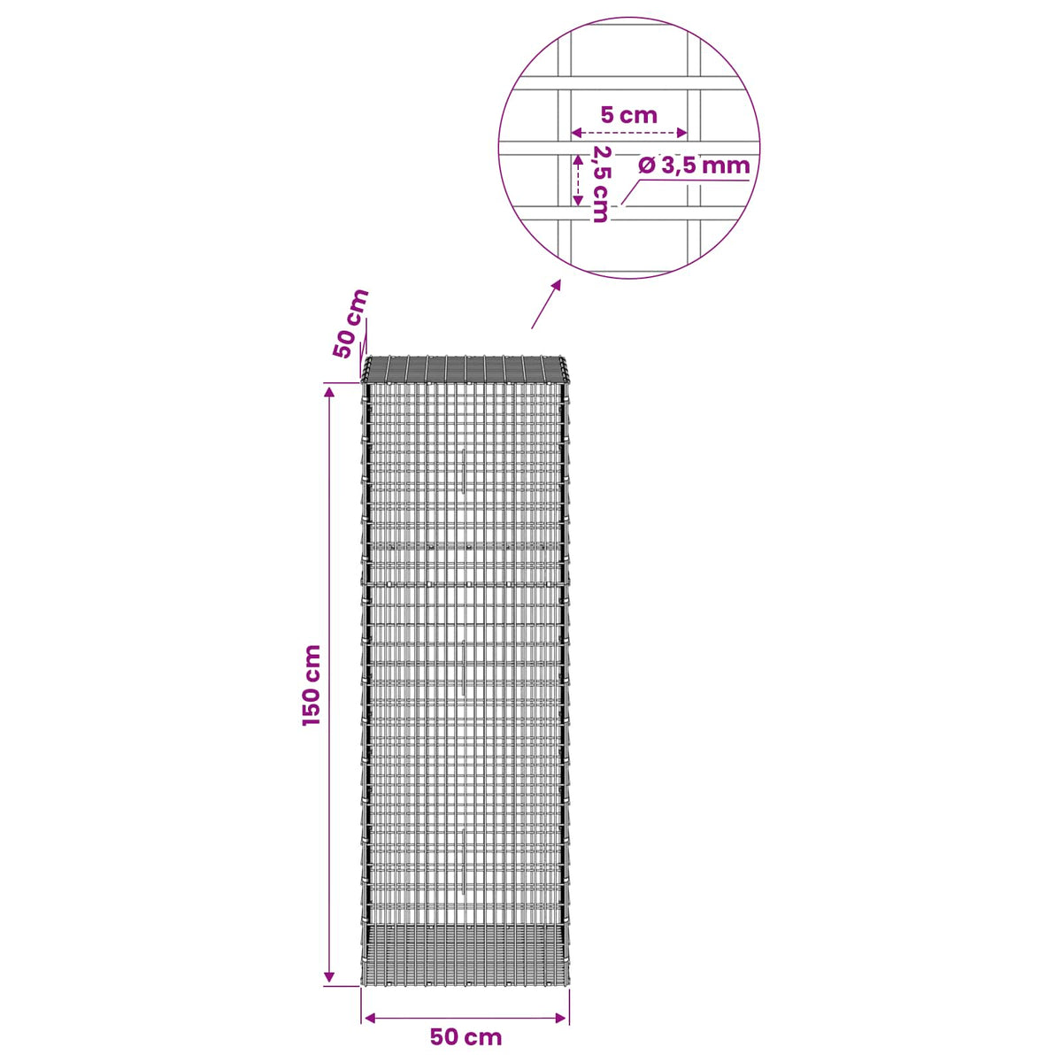 Γκαμπιόν με σύρμα 3,5 χλστ και πλέγμα 5x2,5 εκ 50x50x150 εκ - Pakobazaar