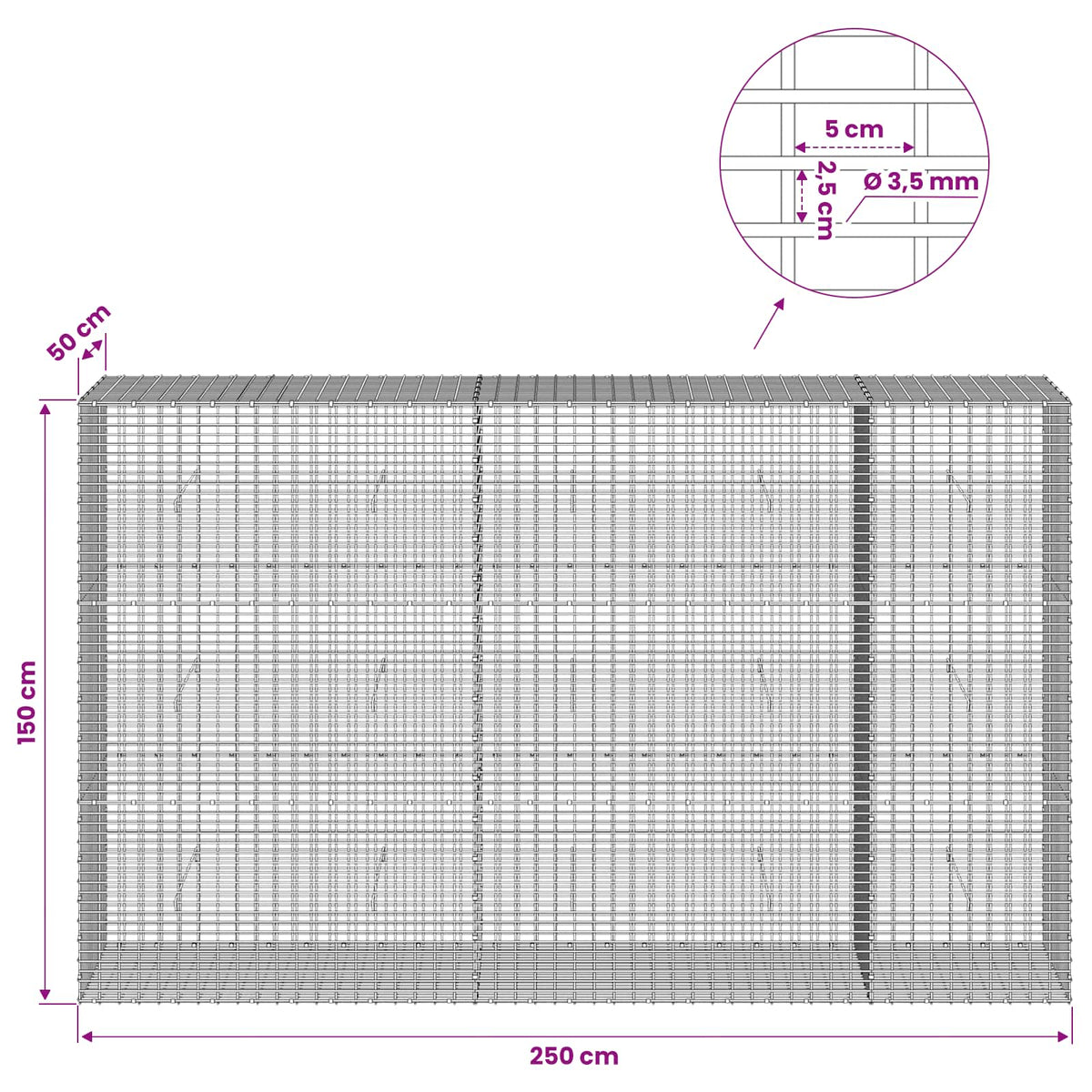 Γκαμπιόν με σύρμα 3,5 χλστ και πλέγμα 5x2,5 εκ 250x50x150 εκ - Pakobazaar