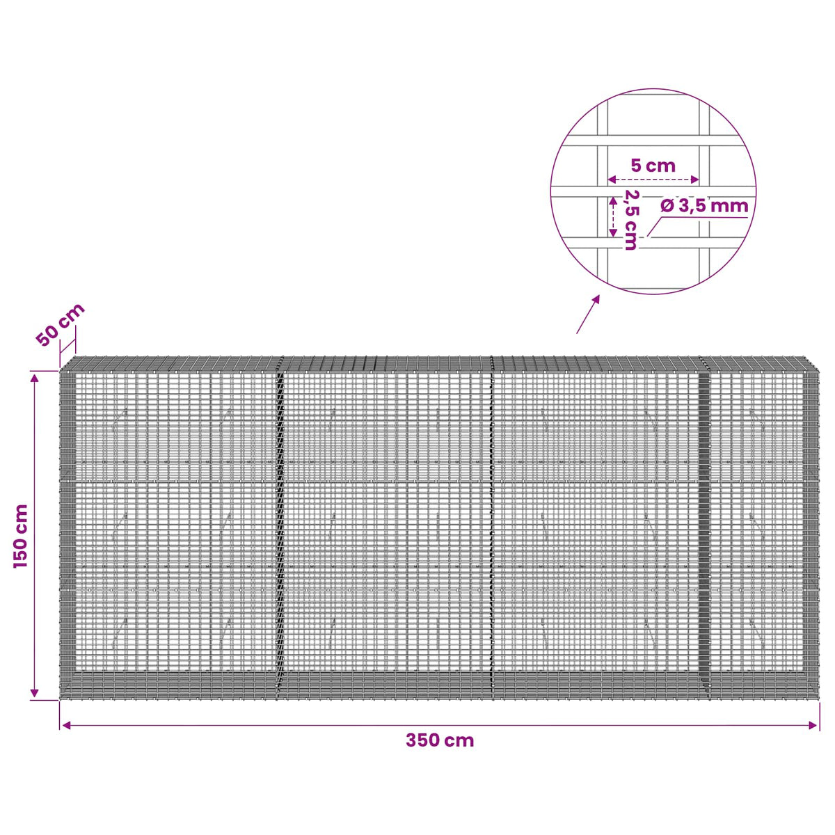 Γκαμπιόν με σύρμα 3,5 χλστ και πλέγμα 5x2,5 εκ 350x50x150 εκ - Pakobazaar