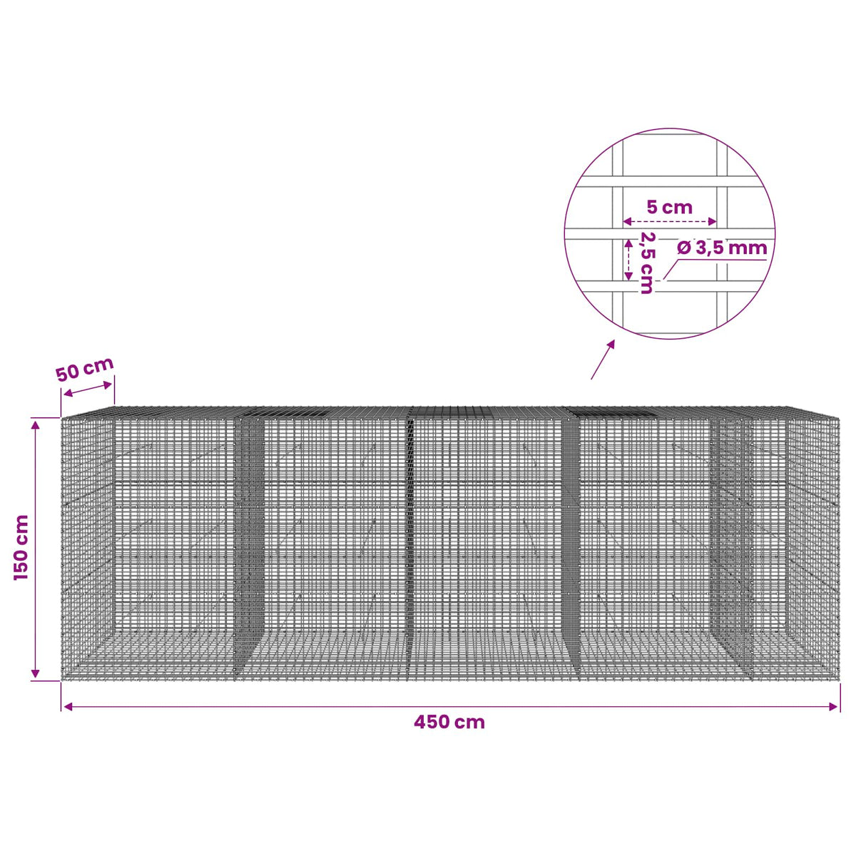 Γκαμπιόν με σύρμα 3,5 χλστ και πλέγμα 5x2,5 εκ 450x50x150 εκ - Pakobazaar