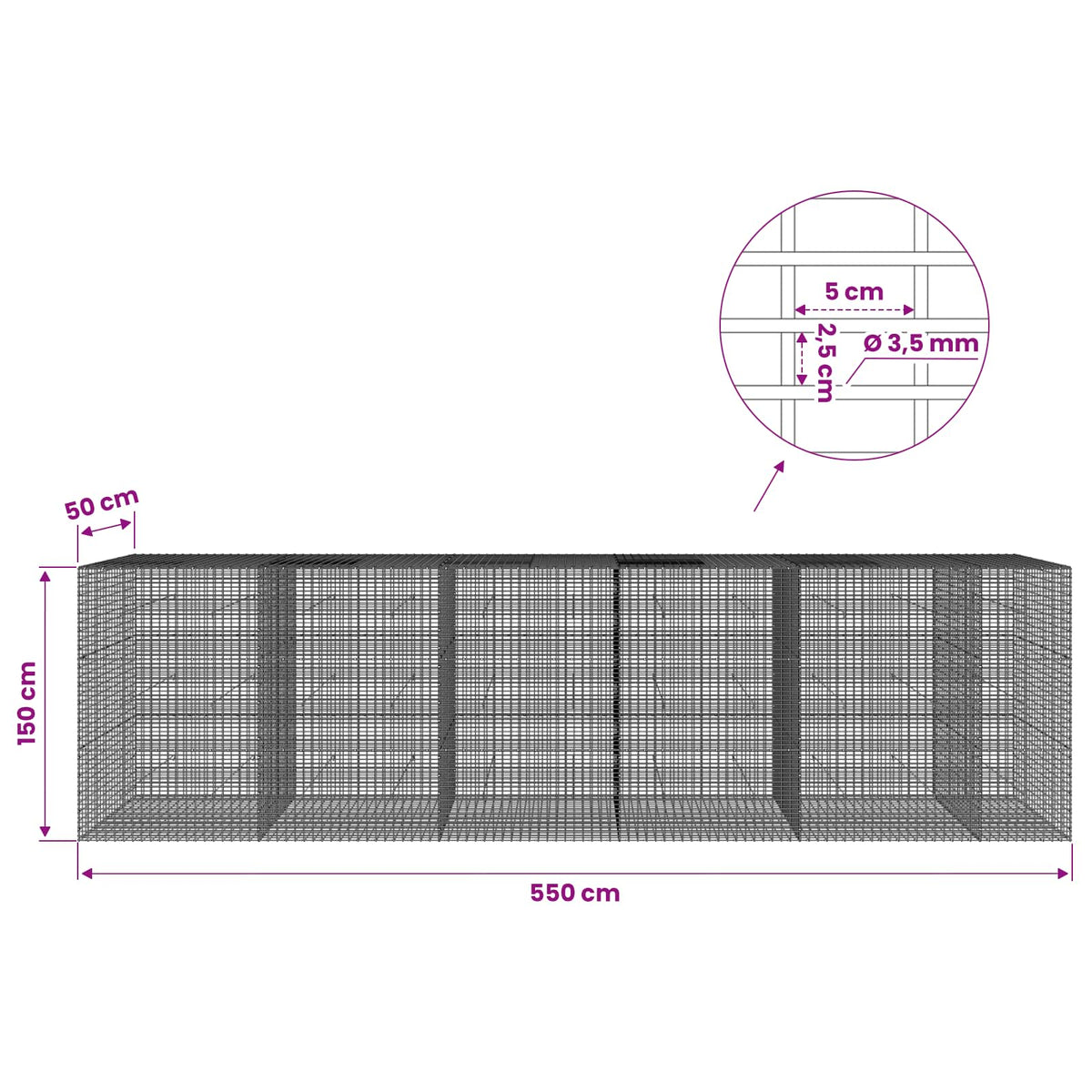 Γκαμπιόν με σύρμα 3,5 χλστ και πλέγμα 5x2,5 εκ 550x50x150 εκ. - Pakobazaar