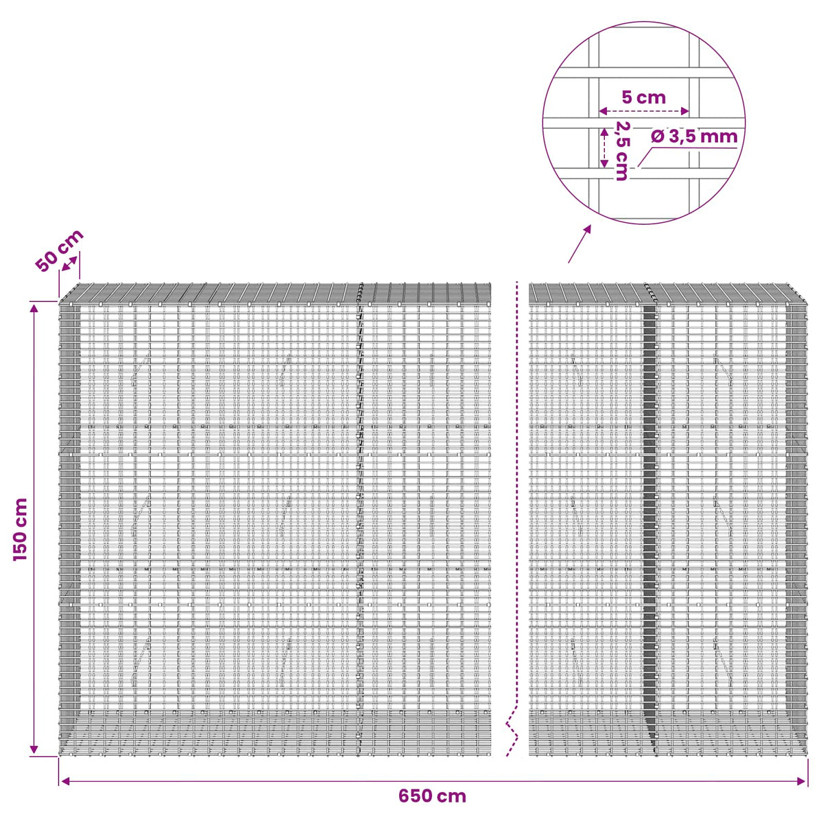 Γκαμπιόν με σύρμα 3,5 χλστ και πλέγμα 5x2,5 εκ 650x50x150 εκ - Pakobazaar