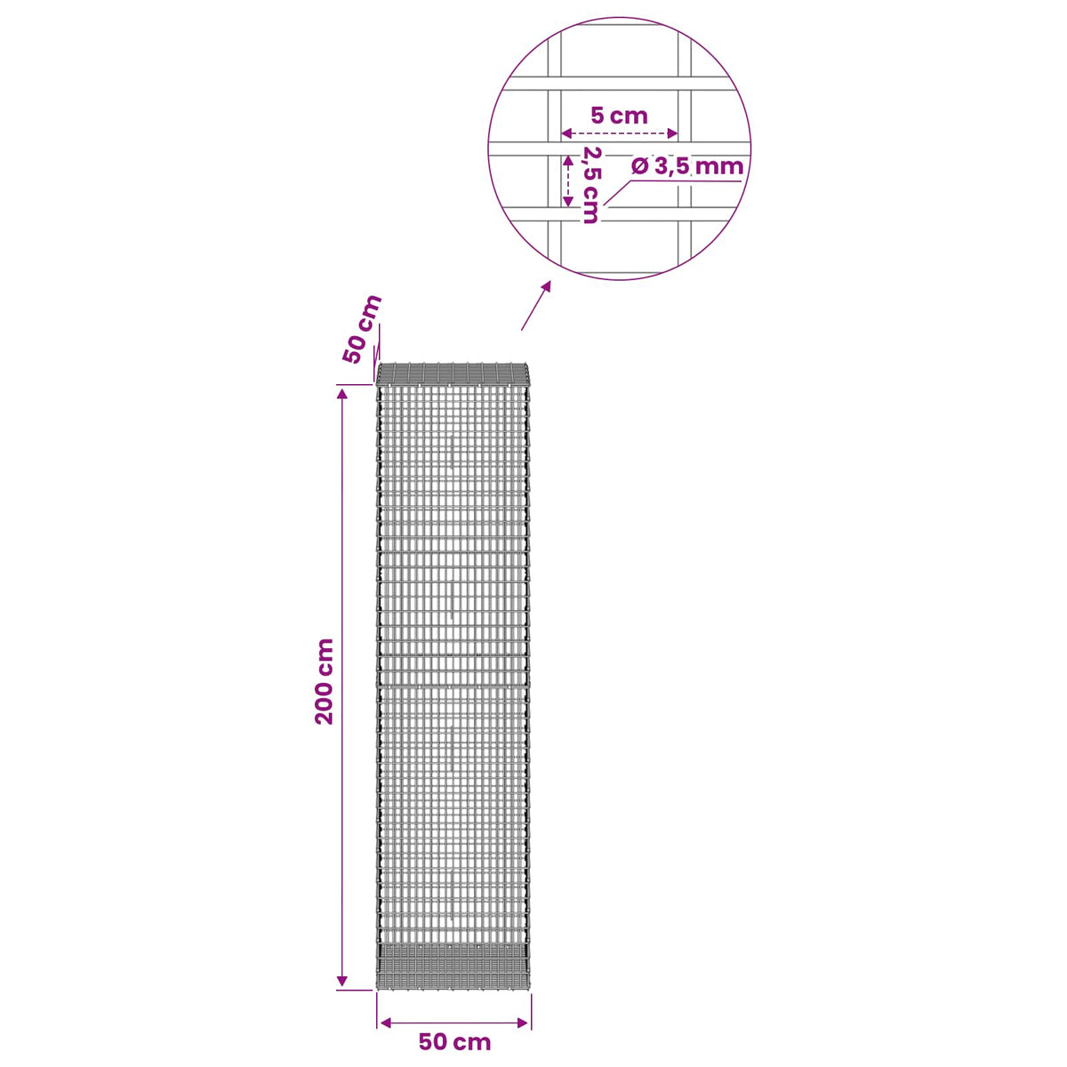Γκαμπιόν με σύρμα 3,5 χλστ και πλέγμα 5x2,5 εκ 50x50x200 εκ