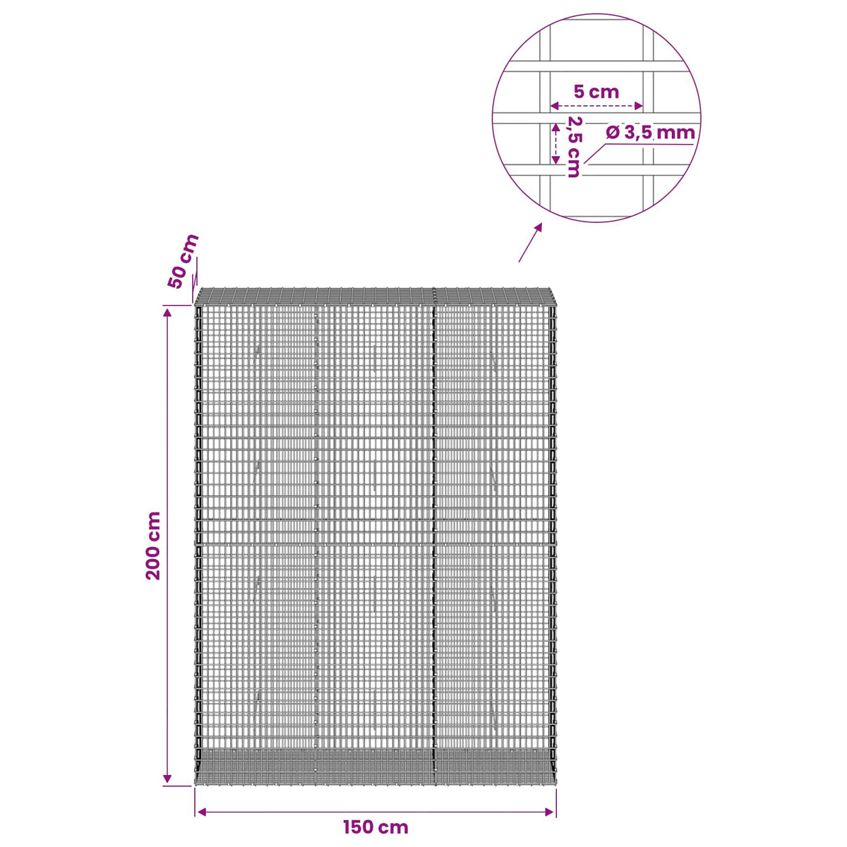 Γκαμπιόν με σύρμα 3,5 χλστ και πλέγμα 5x2,5 εκ 150x50x200 εκ - Pakobazaar