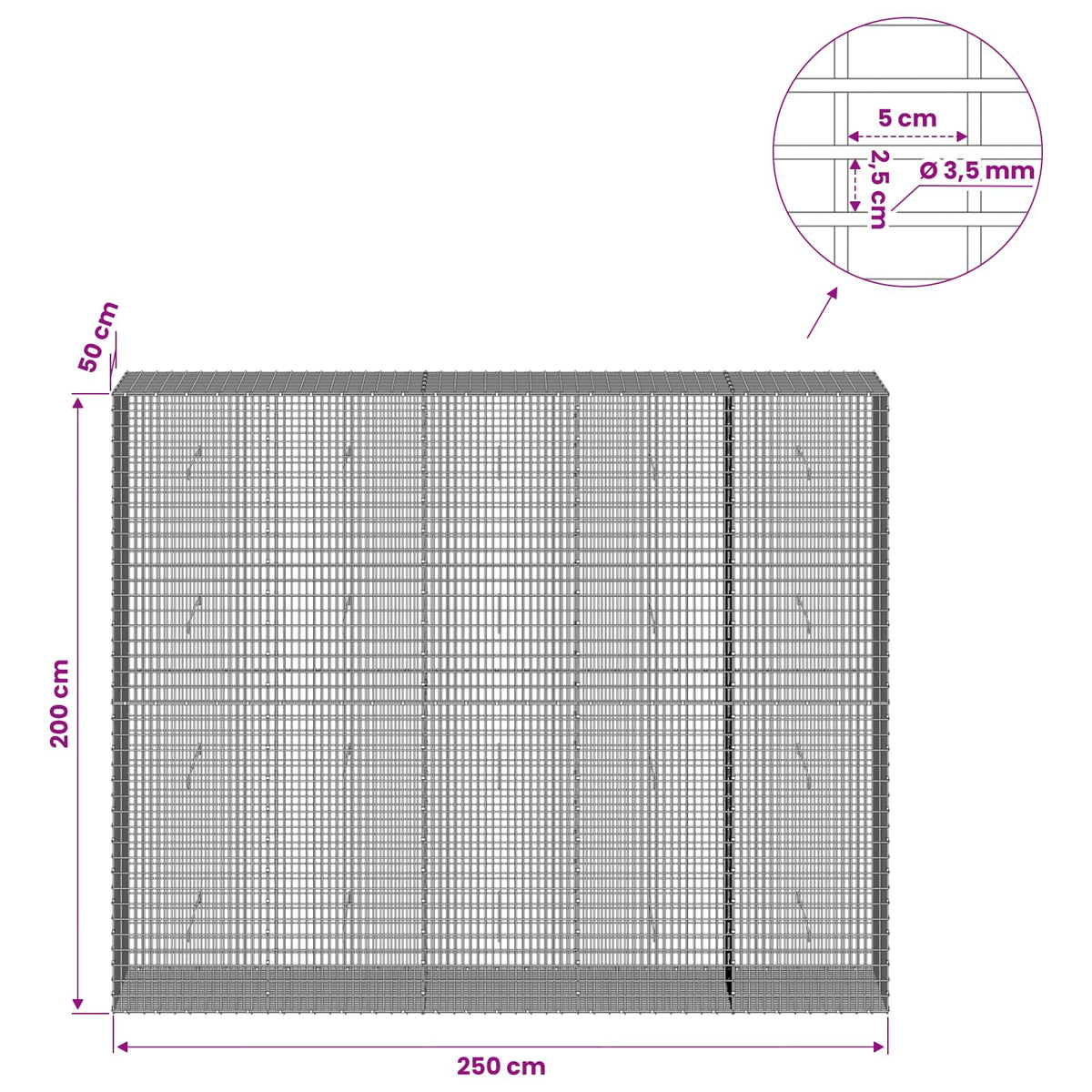 Γκαμπιόν με σύρμα 3,5 χλστ και πλέγμα 5x2,5 εκ 250x50x200 εκ. - Pakobazaar