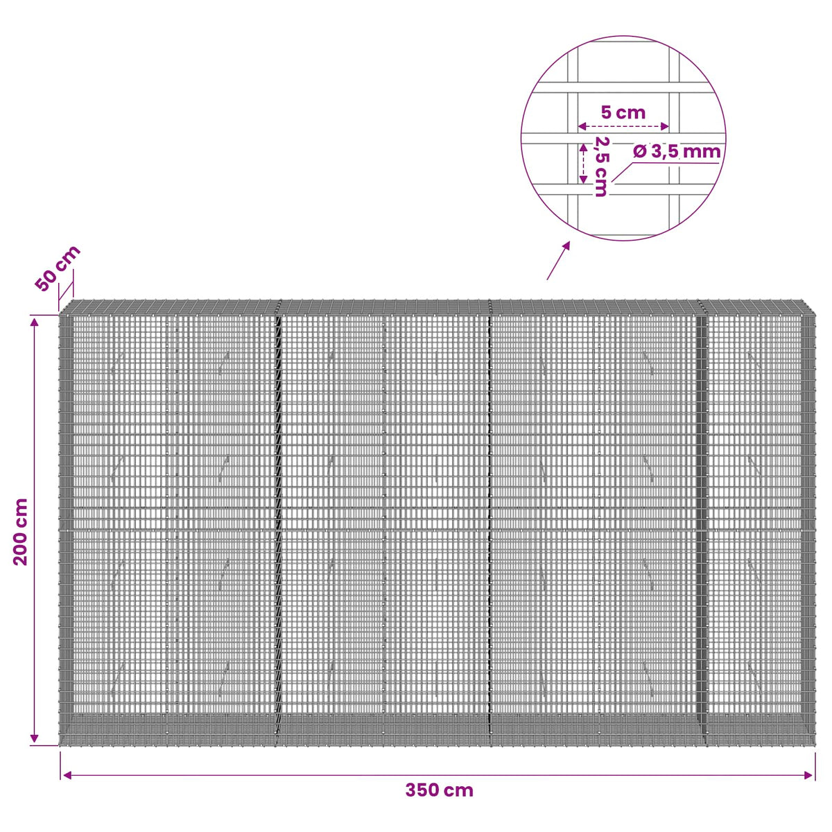 Γκαμπιόν με σύρμα 3,5 χλστ και πλέγμα 5x2,5 εκ 350x50x200 εκ - Pakobazaar