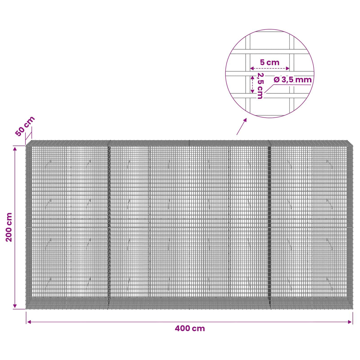 Γκαμπιόν με σύρμα 3,5 χλστ και πλέγμα 5x2,5 εκ 400x50x200 εκ - Pakobazaar
