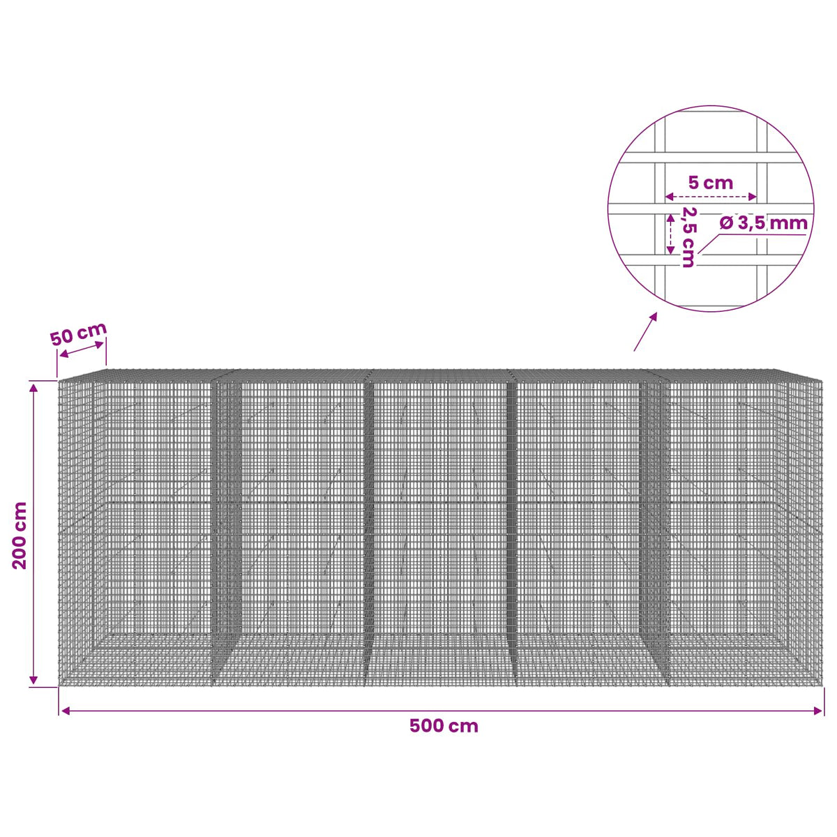 Γκαμπιόν με σύρμα 3,5 χλστ και πλέγμα 5x2,5 εκ 500x50x200 εκ - Pakobazaar