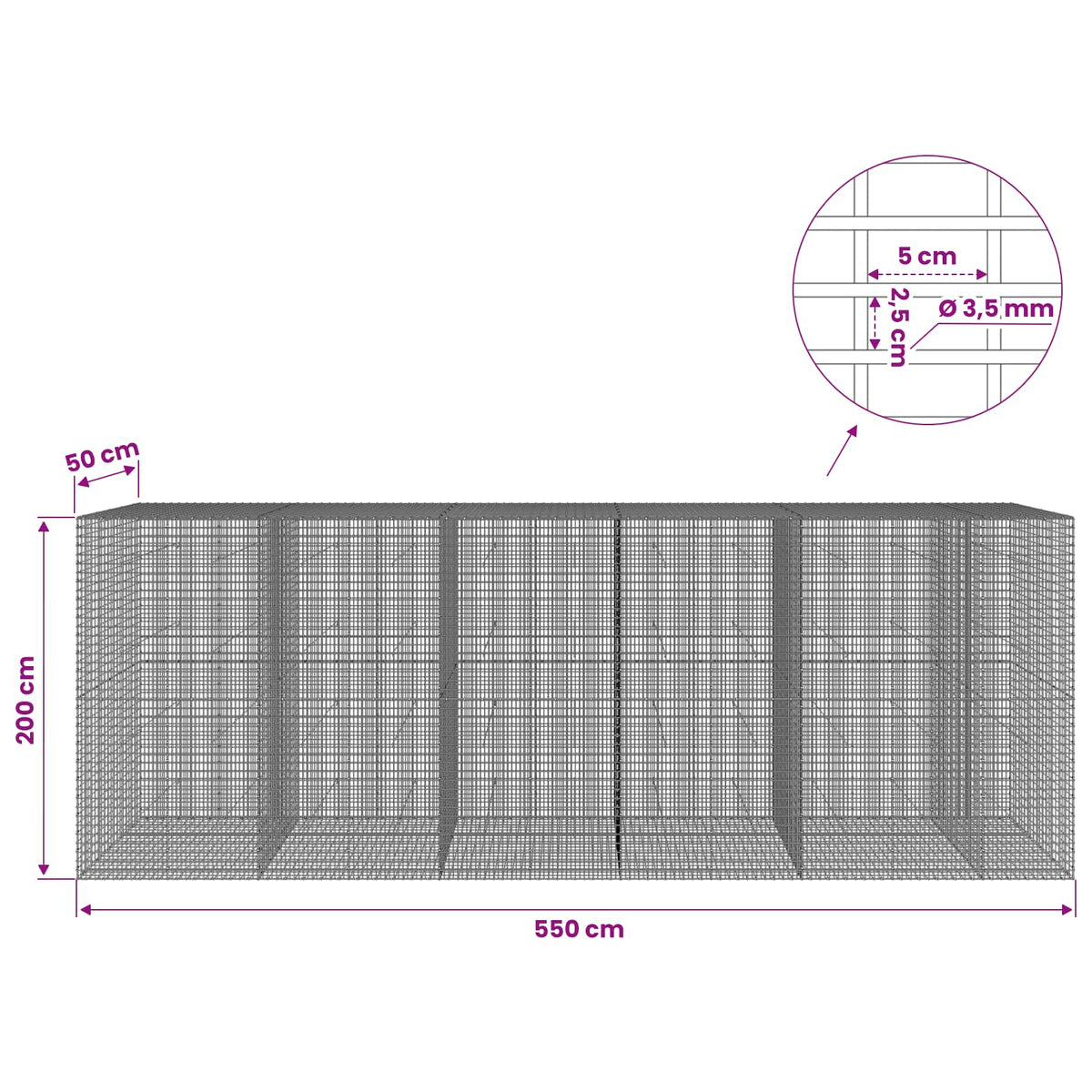 Γκαμπιόν με σύρμα 3,5 χλστ και πλέγμα 5x2,5 εκ 550x50x200 εκ. - Pakobazaar