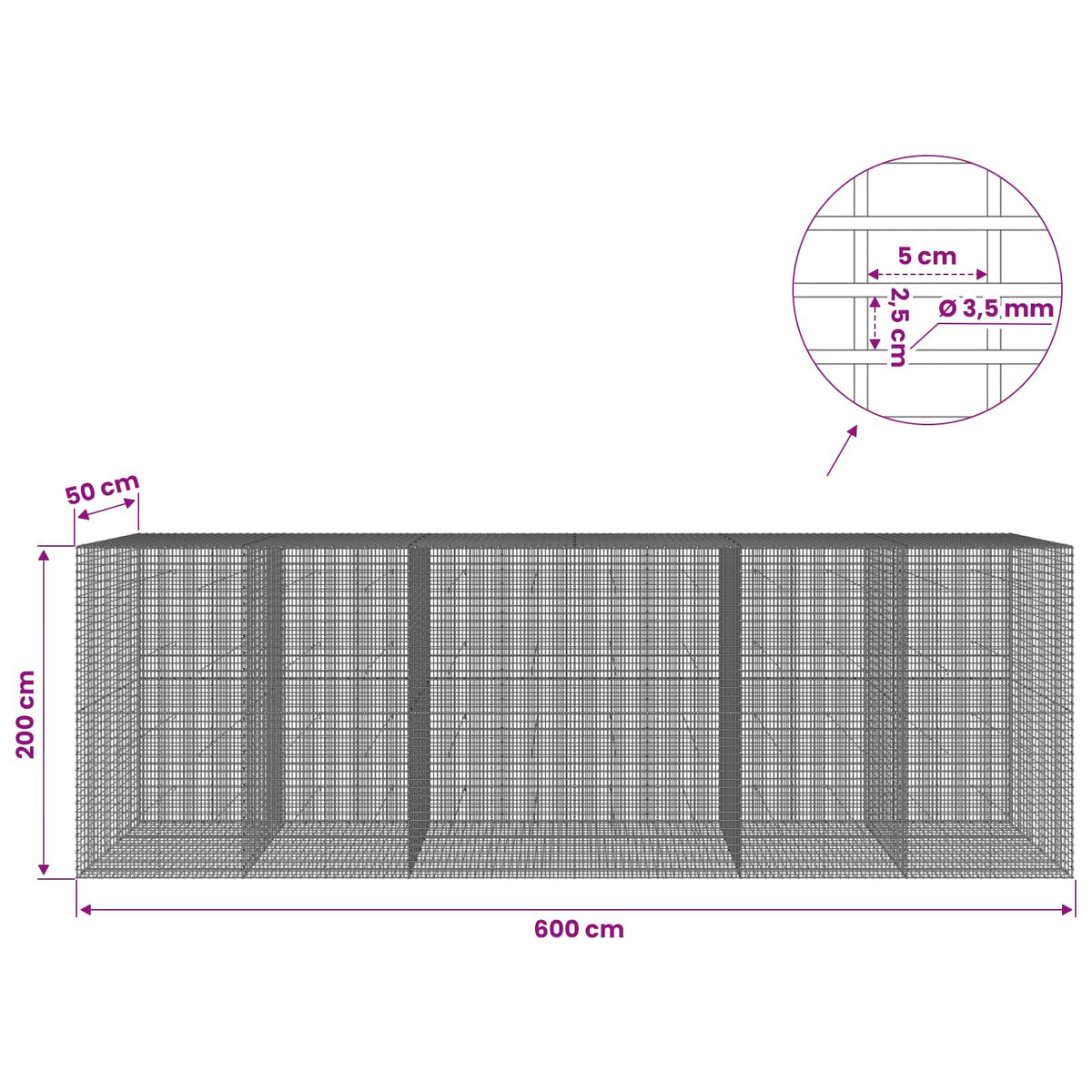 Γκαμπιόν με σύρμα 3,5 χλστ και πλέγμα 5x2,5 εκ 600x50x200 εκ